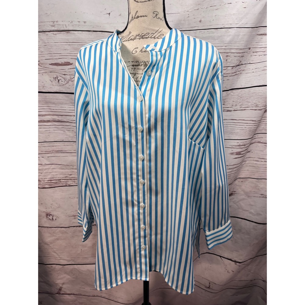 Linea by Louis Dell'Olio Blue White Striped Mandarin Collar Blouse 18W A347479